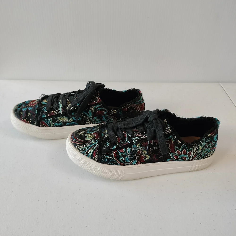 Rock & Candy Silky Black Floral Brocade Frayed Edges Sneakers 7 Goth Rock Artsy